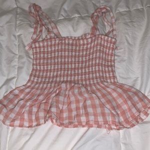 pink & white checkered top with tie sleeves